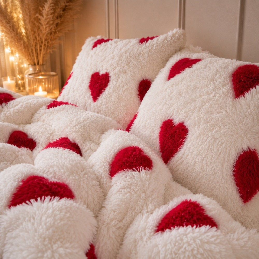 Lenjerie pat dublu, Super Pufoasa COCOLINO Fluffy, 4 piese, Alb, inimioare rosii — imaginea 7