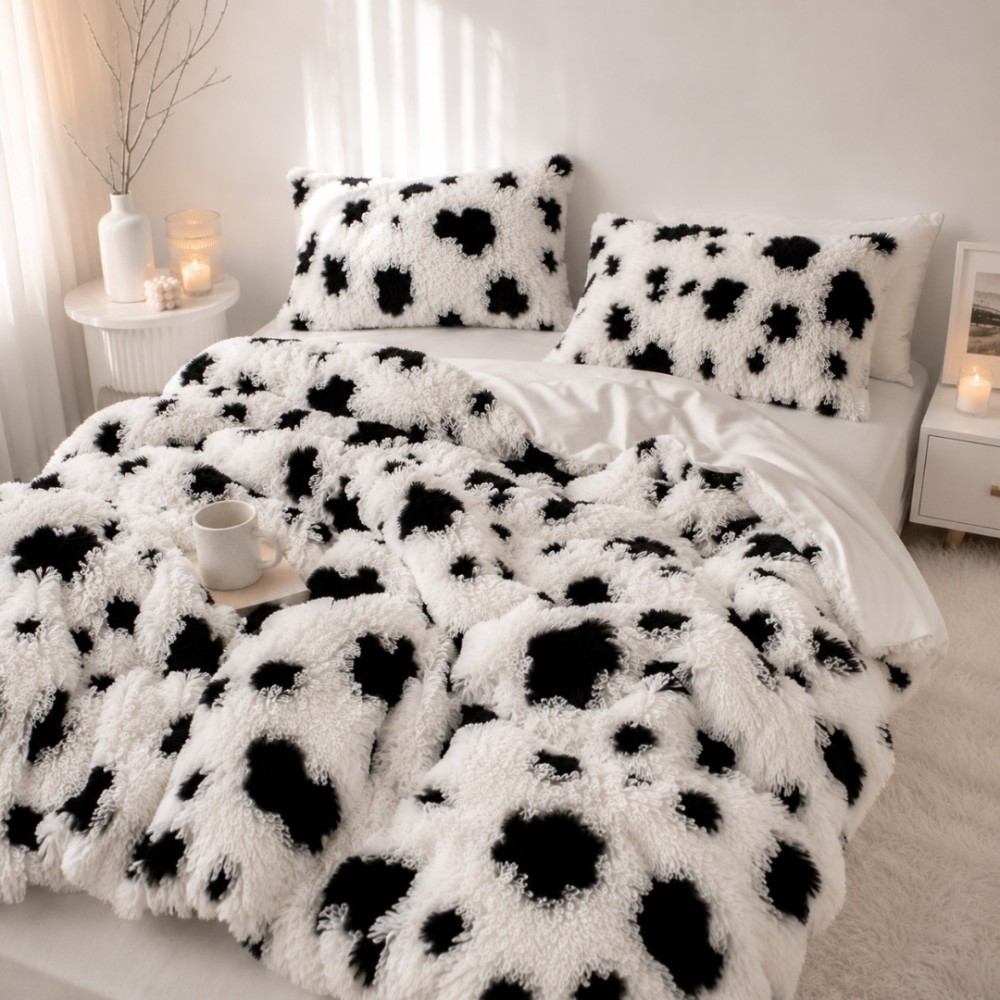 Lenjerie pat dublu, Super Pufoasa COCOLINO Fluffy, 6 piese, alb, negru, animal print — imaginea 2
