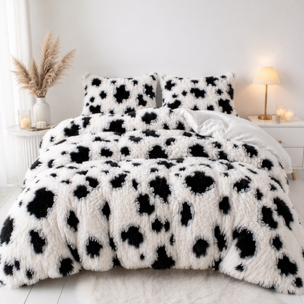 Lenjerie pat dublu, Super Pufoasa COCOLINO Fluffy, 6 piese, alb, negru, animal print — imaginea 3
