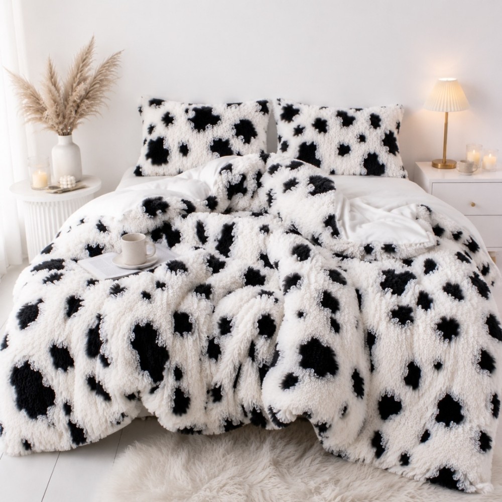 Lenjerie pat dublu, Super Pufoasa COCOLINO Fluffy, 6 piese, alb, negru, animal print — imaginea 4