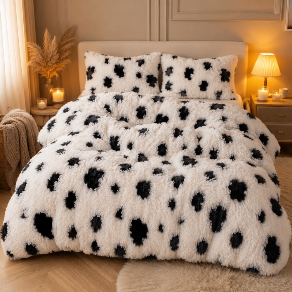 Lenjerie pat dublu, Super Pufoasa COCOLINO Fluffy, 6 piese, alb, negru, animal print — imaginea 5