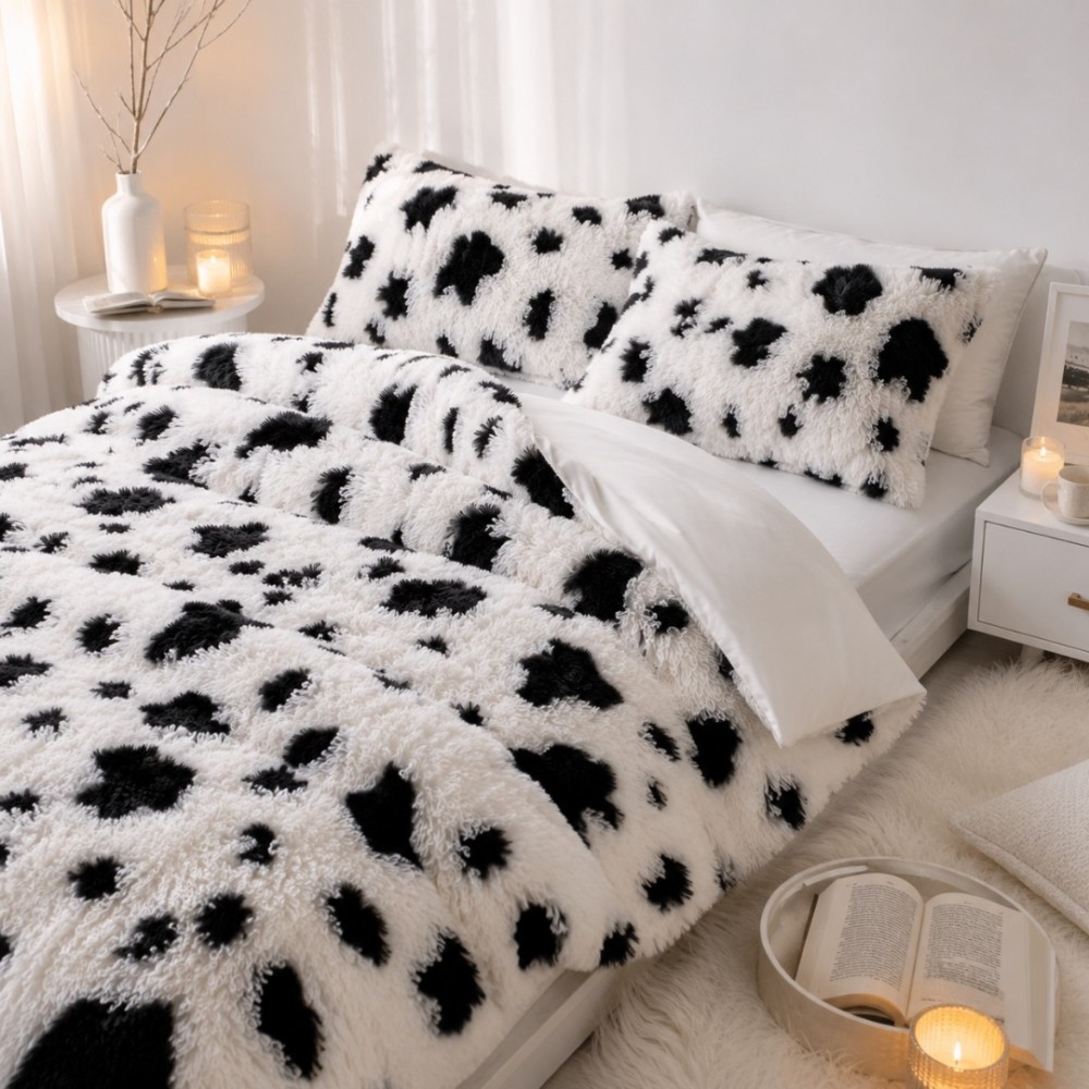 Lenjerie pat dublu, Super Pufoasa COCOLINO Fluffy, 6 piese, alb, negru, animal print — imaginea 6