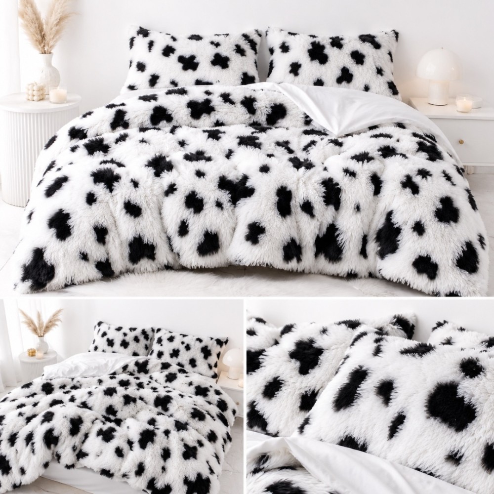 Lenjerie pat dublu, Super Pufoasa COCOLINO Fluffy, 6 piese, alb, negru, animal print — imaginea 7