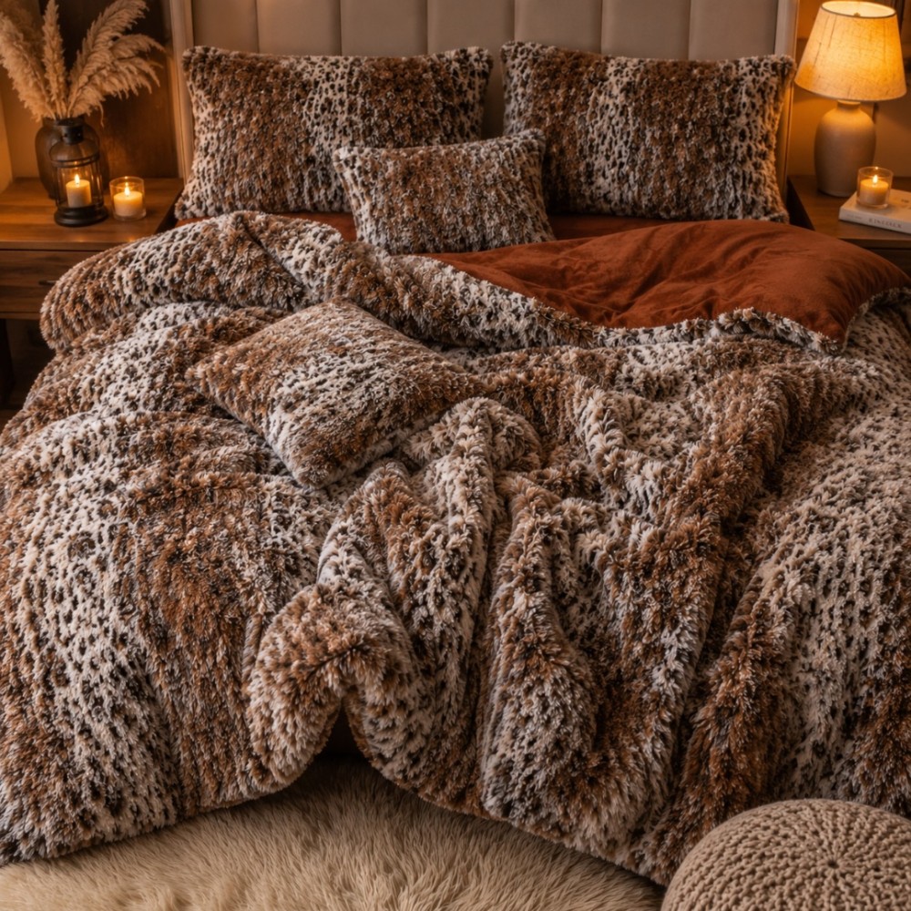 Lenjerie pat dublu, Super Pufoasa COCOLINO Fluffy, 6 piese, maro, animal print — imaginea 2