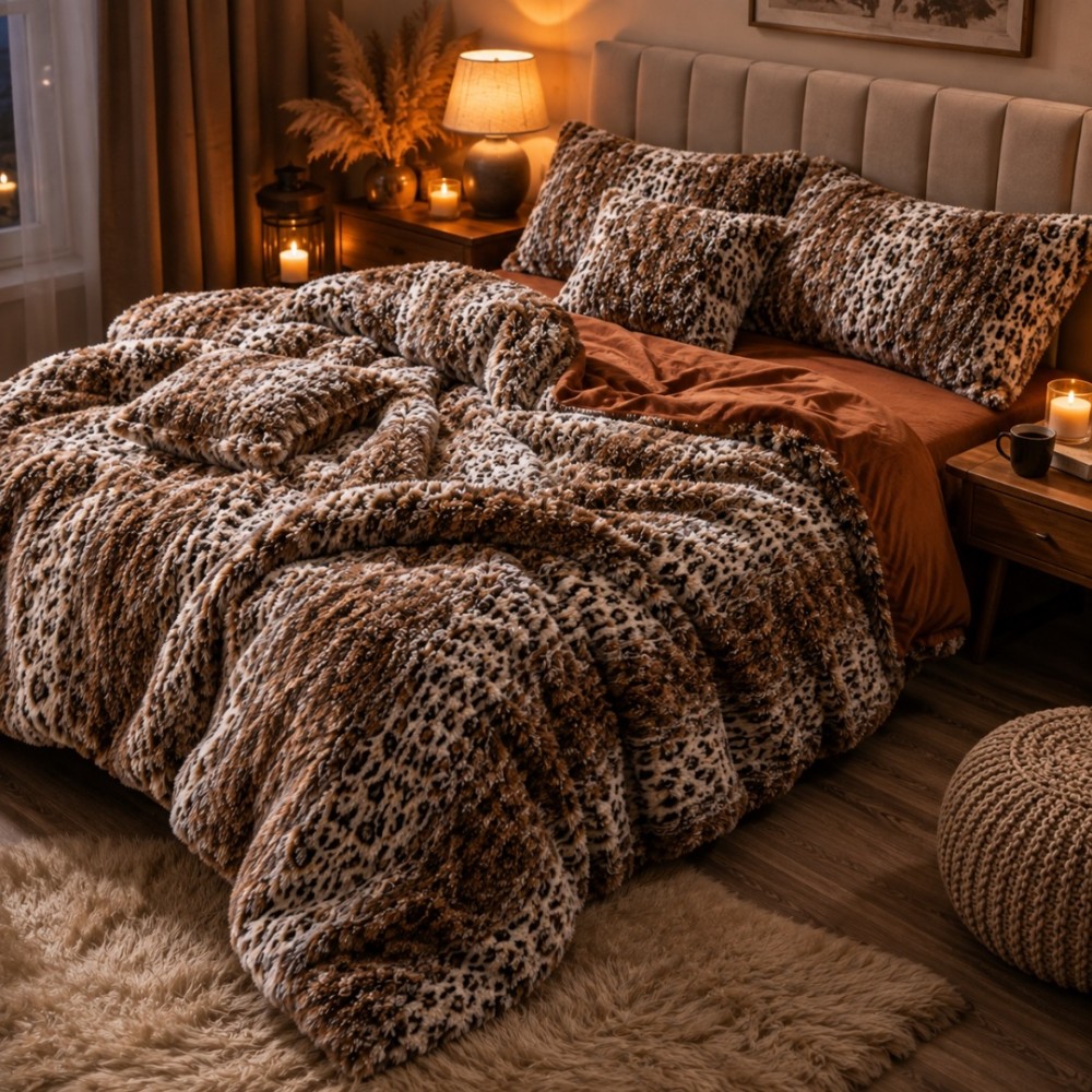 Lenjerie pat dublu, Super Pufoasa COCOLINO Fluffy, 6 piese, maro, animal print — imaginea 3