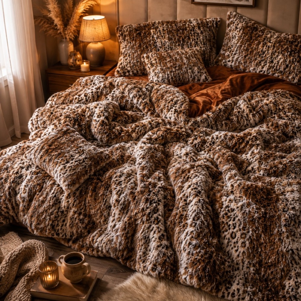 Lenjerie pat dublu, Super Pufoasa COCOLINO Fluffy, 6 piese, maro, animal print — imaginea 4
