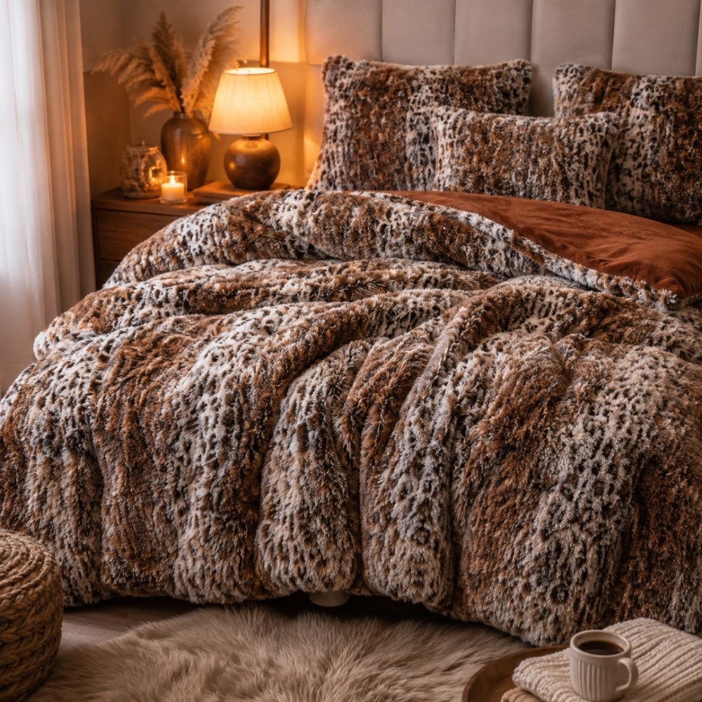 Lenjerie pat dublu, Super Pufoasa COCOLINO Fluffy, 6 piese, maro, animal print — imaginea 5