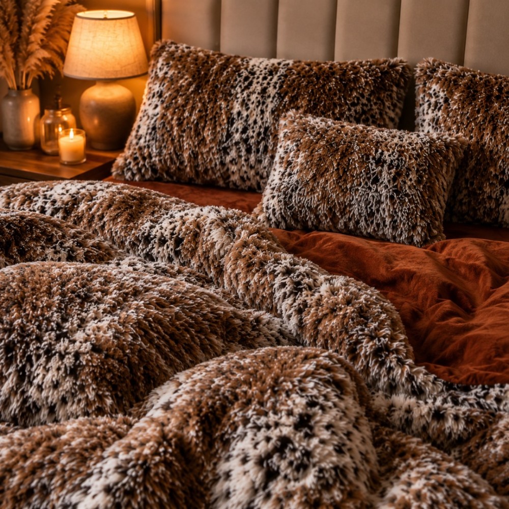 Lenjerie pat dublu, Super Pufoasa COCOLINO Fluffy, 6 piese, maro, animal print — imaginea 6