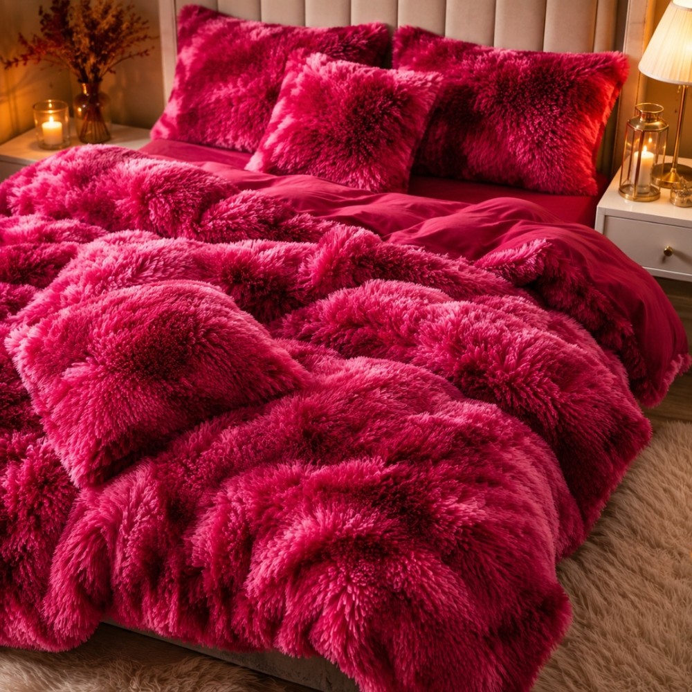 Lenjerie pat dublu, Super Pufoasa COCOLINO Fluffy, 6 piese, Grena, Degrade — imaginea 3