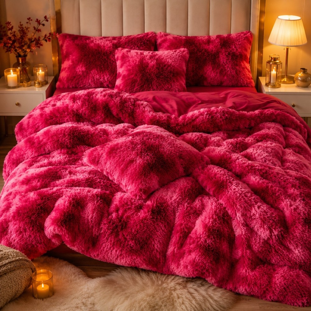 Lenjerie pat dublu, Super Pufoasa COCOLINO Fluffy, 6 piese, Grena, Degrade — imaginea 4
