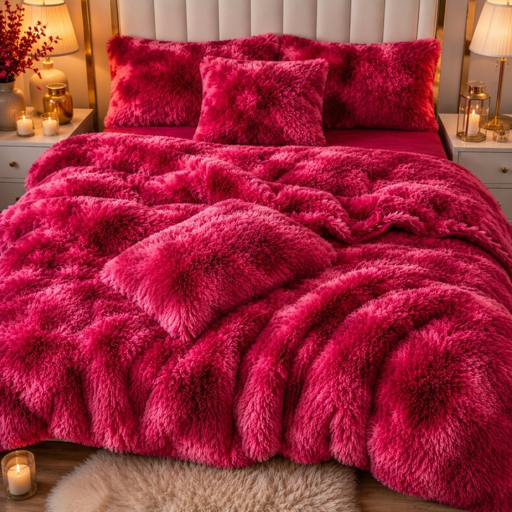 Lenjerie pat dublu, Super Pufoasa COCOLINO Fluffy, 6 piese, Grena, Degrade — imaginea 5