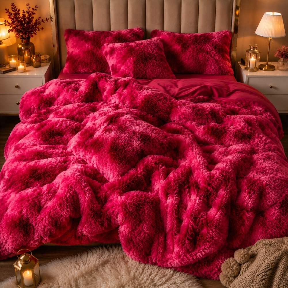 Lenjerie pat dublu, Super Pufoasa COCOLINO Fluffy, 6 piese, Grena, Degrade — imaginea 6