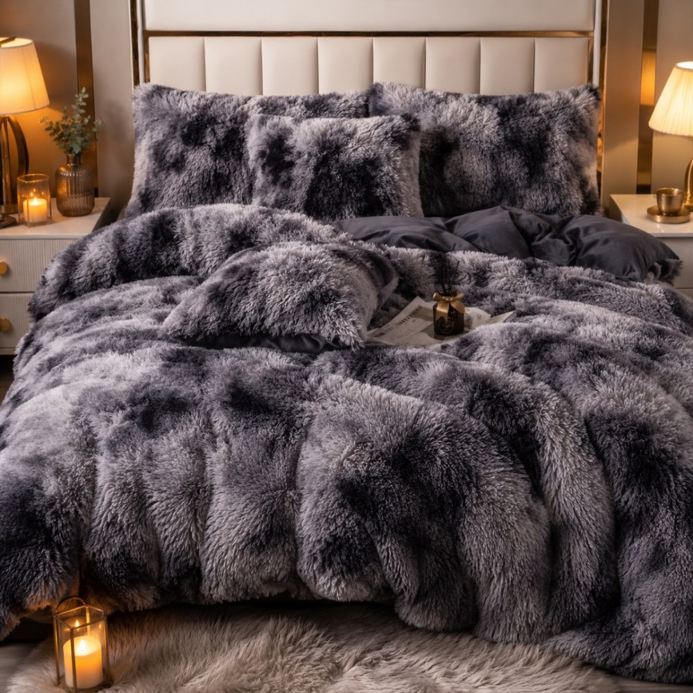 Lenjerie pat dublu, Super Pufoasa COCOLINO Fluffy, 6 piese, Negru, Degrade, Gri — imaginea 2