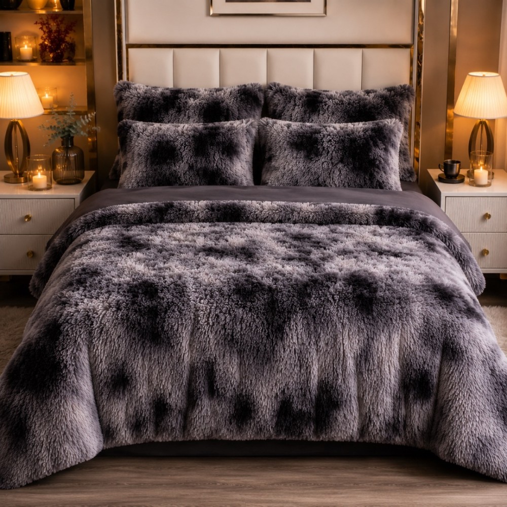 Lenjerie pat dublu, Super Pufoasa COCOLINO Fluffy, 6 piese, Negru, Degrade, Gri — imaginea 3