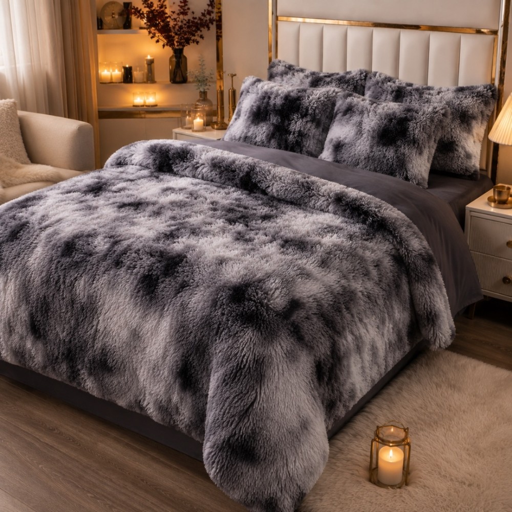 Lenjerie pat dublu, Super Pufoasa COCOLINO Fluffy, 6 piese, Negru, Degrade, Gri — imaginea 4