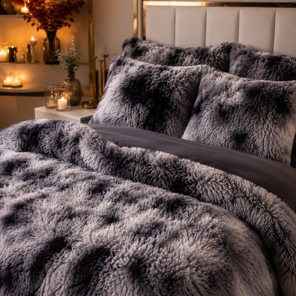 Lenjerie pat dublu, Super Pufoasa COCOLINO Fluffy, 6 piese, Negru, Degrade, Gri — imaginea 5