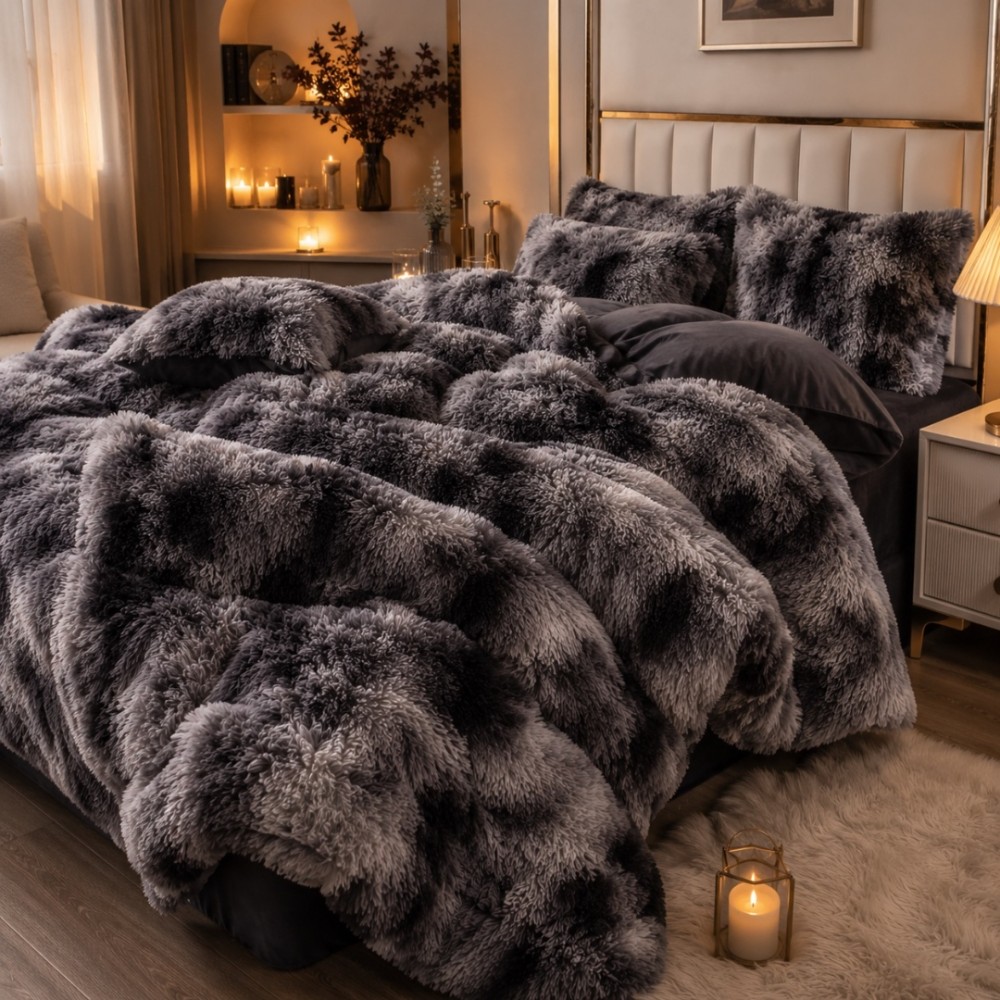 Lenjerie pat dublu, Super Pufoasa COCOLINO Fluffy, 6 piese, Negru, Degrade, Gri — imaginea 6