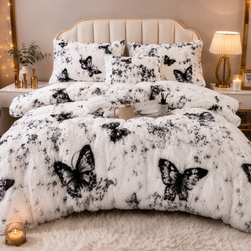 Lenjerie pat dublu, Super Pufoasa COCOLINO Fluffy, 6 piese, Alb, Negru, fluturi — imaginea 2