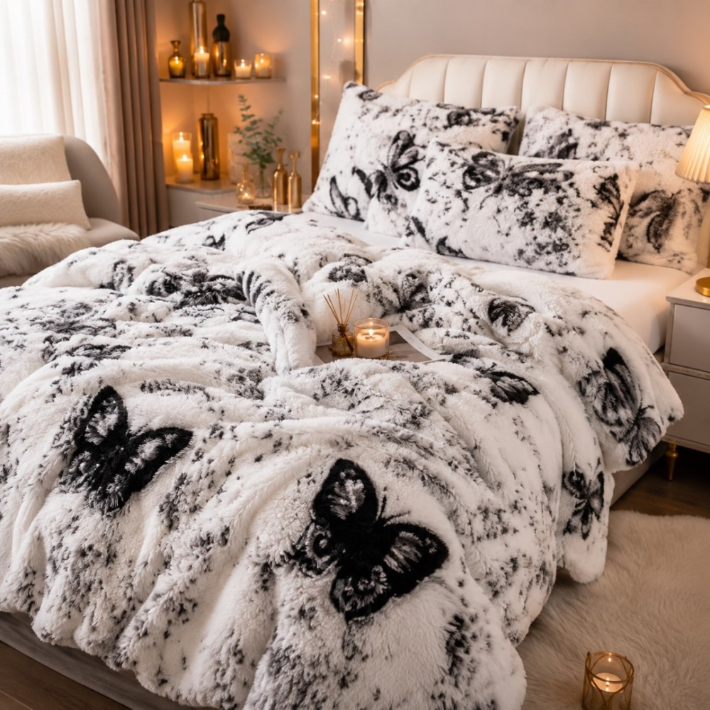 Lenjerie pat dublu, Super Pufoasa COCOLINO Fluffy, 6 piese, Alb, Negru, fluturi — imaginea 3