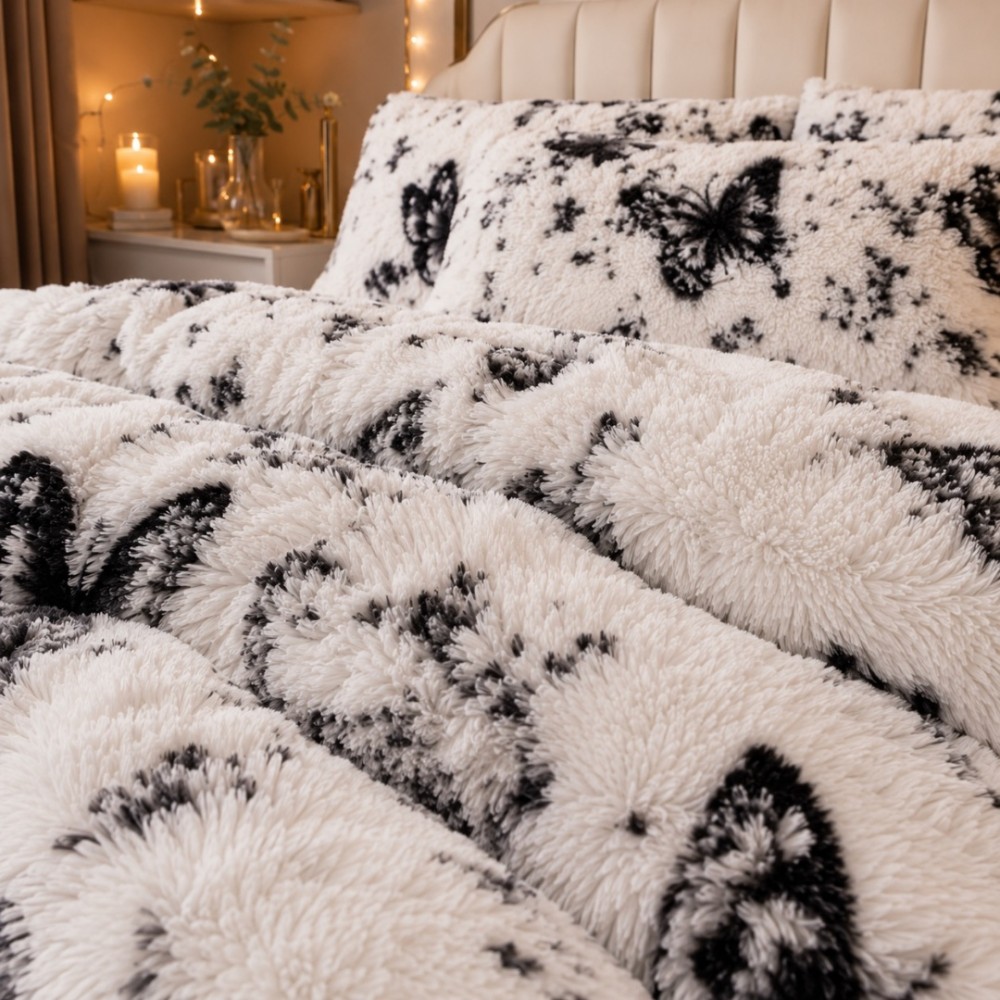 Lenjerie pat dublu, Super Pufoasa COCOLINO Fluffy, 6 piese, Alb, Negru, fluturi — imaginea 5
