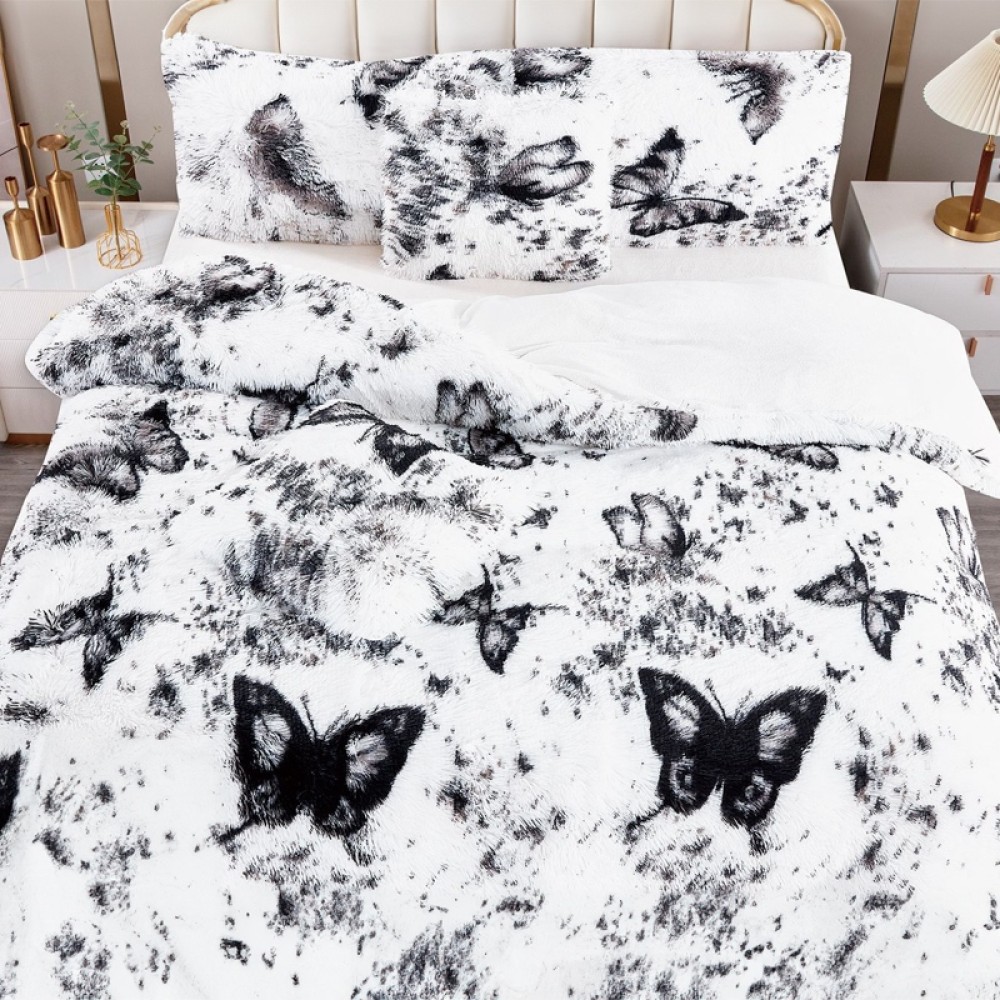 Lenjerie pat dublu, Super Pufoasa COCOLINO Fluffy, 6 piese, Alb, Negru, fluturi — imaginea 6