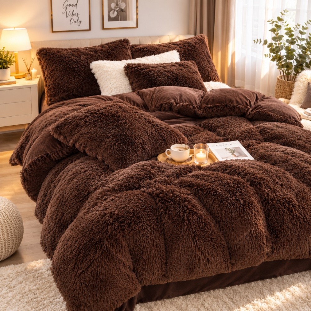 Lenjerie pat dublu, Super Pufoasa COCOLINO Fluffy, 4 piese, maro — imaginea 2