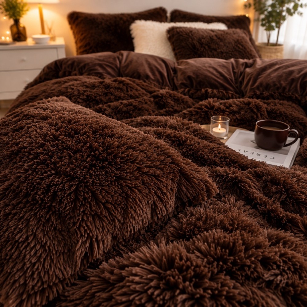 Lenjerie pat dublu, Super Pufoasa COCOLINO Fluffy, 4 piese, maro — imaginea 3