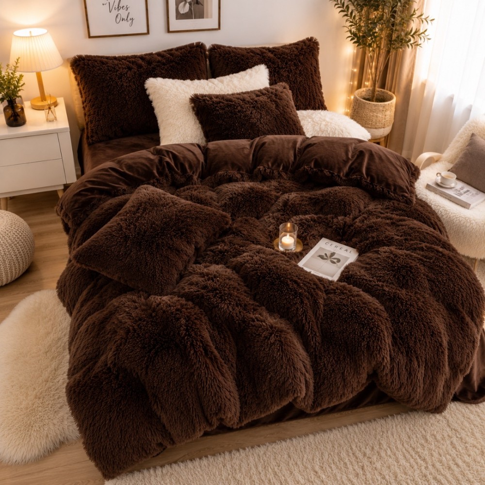Lenjerie pat dublu, Super Pufoasa COCOLINO Fluffy, 4 piese, maro — imaginea 4