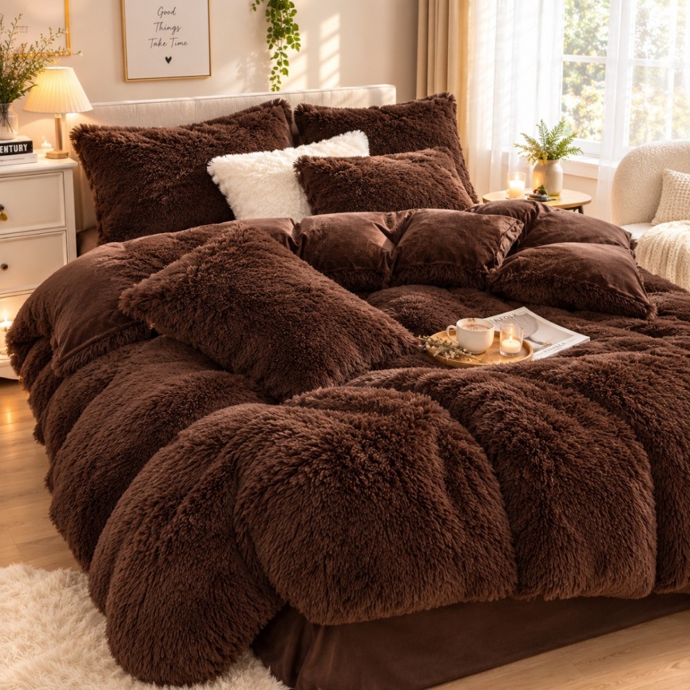 Lenjerie pat dublu, Super Pufoasa COCOLINO Fluffy, 4 piese, maro — imaginea 5