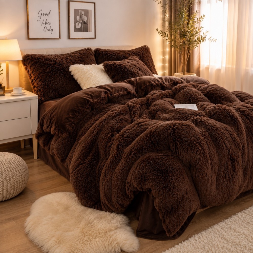 Lenjerie pat dublu, Super Pufoasa COCOLINO Fluffy, 4 piese, maro — imaginea 6