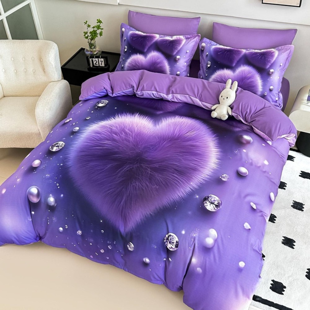 Lenjerie pat dublu, FINET, Imprimeu Digital 5D - Identic cu poza, Cu ELASTIC, 6 piese, Jojo Home, Mov, Inimioare Pufoasa – imagine 2