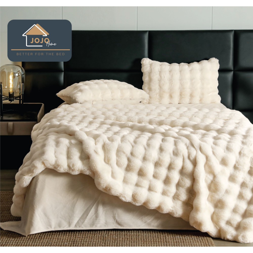 Lenjerie Luxury Pat Dublu, Jojo Home, ExtraPufoasa, din Blanita Artificiala tip Iepure, 6 piese, Bej deschis — imaginea 2