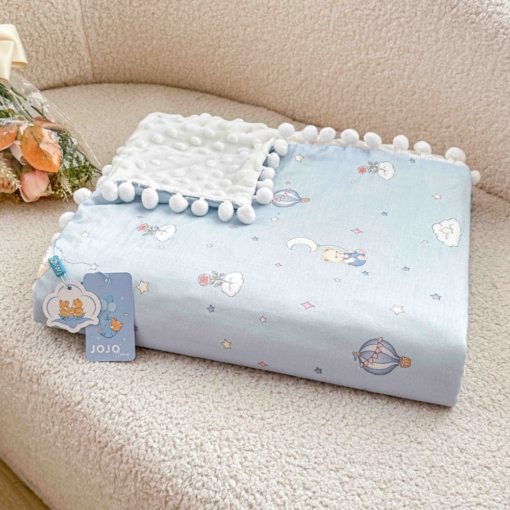 Patura Pufoasa pentru Copii din Bumbac, Dublata cu Cocolino, 100x150 cm, cu Ciucuri, Bleu, Ursuleti — imaginea 3