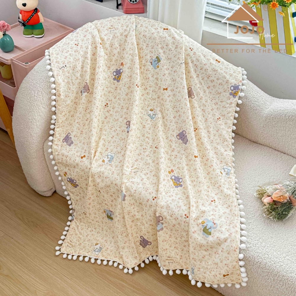 Patura Pufoasa pentru Copii din Bumbac, Dublata cu Cocolino, 100x150 cm, cu Ciucuri, Crem, Elefanti — imaginea 2
