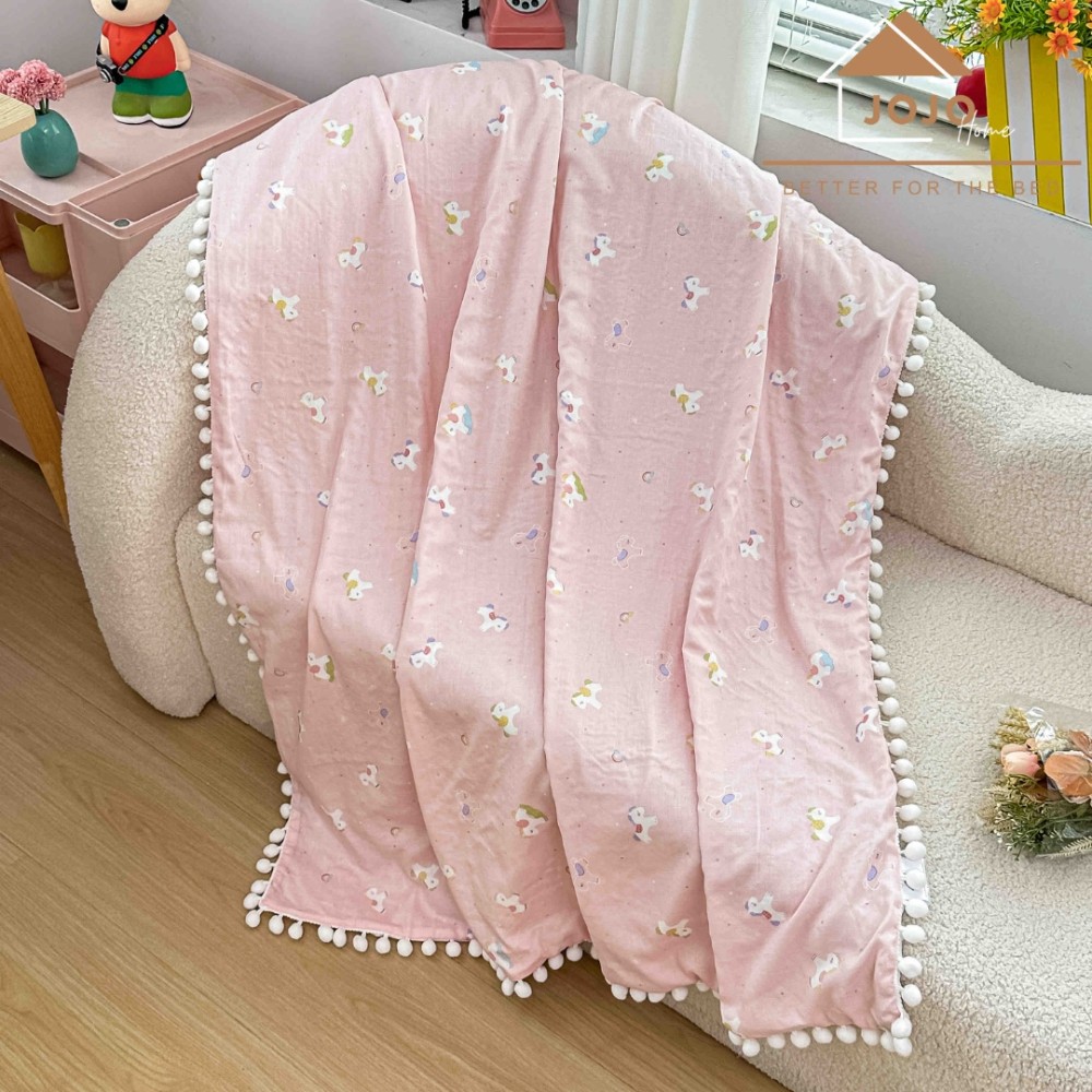 Patura Pufoasa pentru Copii din Bumbac, Dublata cu Cocolino, 100x150 cm, cu Ciucuri, Roz, Unicorni — imaginea 2