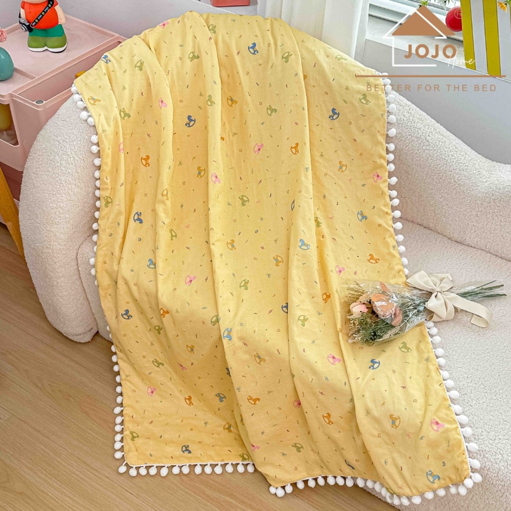Patura Pufoasa pentru Copii din Bumbac, Dublata cu Cocolino, 100x150 cm, cu Ciucuri, Galben, Caluti — imaginea 2
