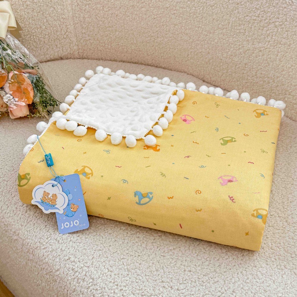 Patura Pufoasa pentru Copii din Bumbac, Dublata cu Cocolino, 100x150 cm, cu Ciucuri, Galben, Caluti — imaginea 4