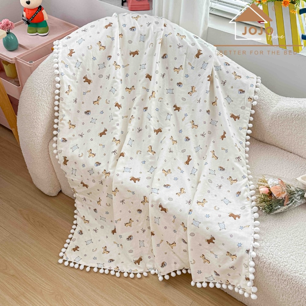 Patura Pufoasa pentru Copii din Bumbac, Dublata cu Cocolino, 100x150 cm, cu Ciucuri, Alb, Caluti — imaginea 2