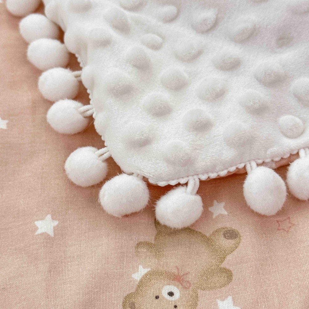 Patura Pufoasa pentru Copii din Bumbac, Dublata cu Cocolino, 100x150 cm, cu Ciucuri, Roz, Ursuleti — imaginea 5