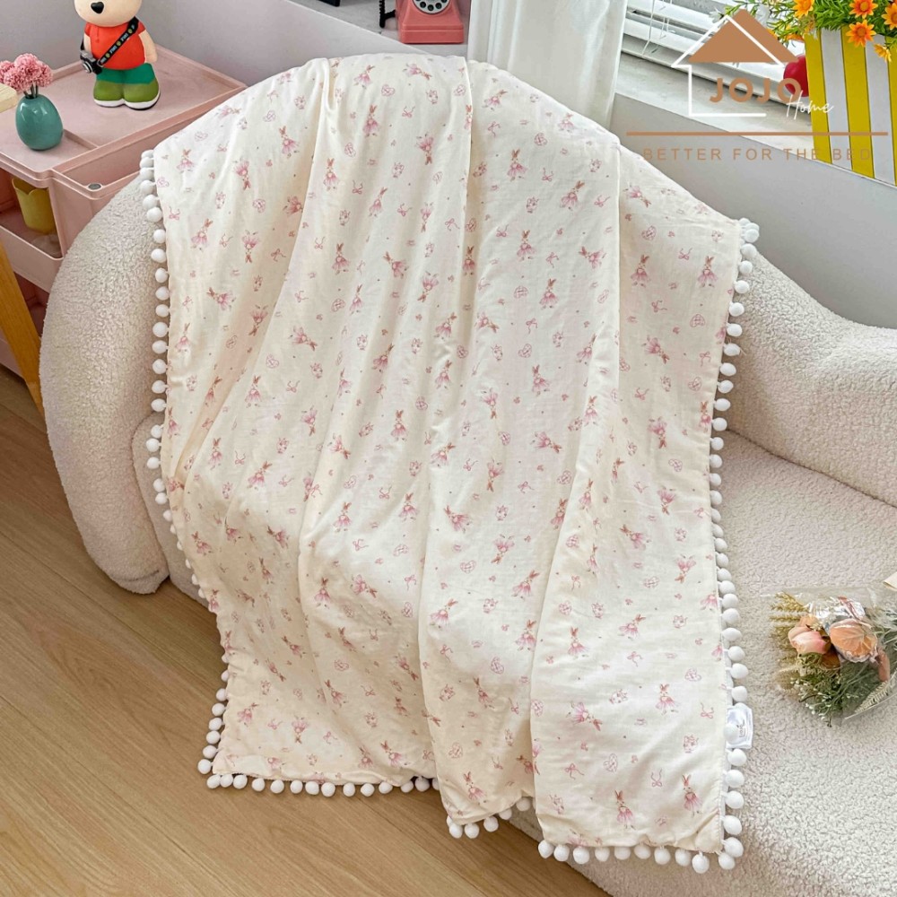 Patura Pufoasa pentru Copii din Bumbac, Dublata cu Cocolino, 100x150 cm, cu Ciucuri, Crem, Iepurasi — imaginea 2