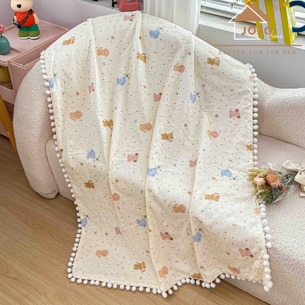 Patura Pufoasa pentru Copii din Bumbac, Dublata cu Cocolino, 100x150 cm, cu Ciucuri, Crem, Ursuleti — imaginea 2
