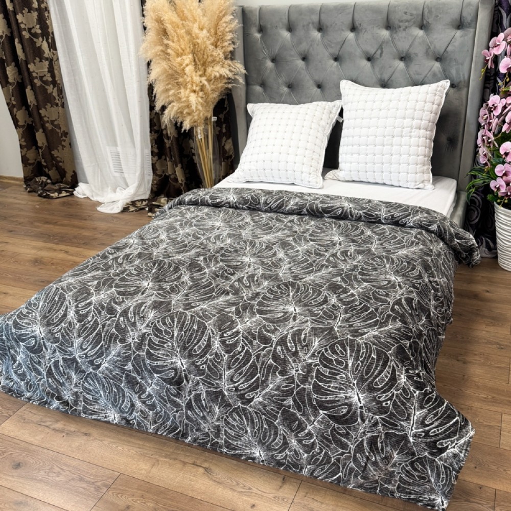 Patura Pufoasa CoCoLiNo (Fleece), 200x230cm, 240gr/m, Negru, Frunze - Rasfatul Perfect pentru Serile Racoroase — imaginea 2