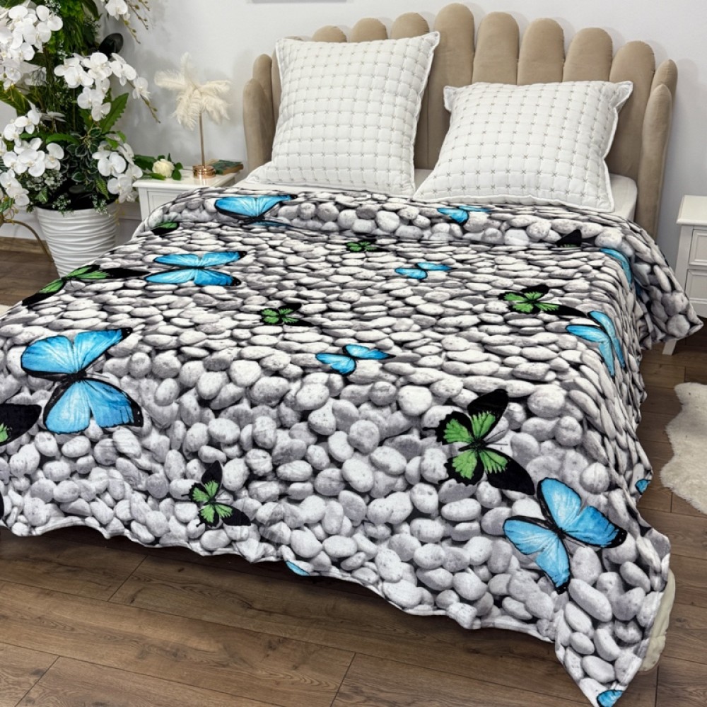 Patura pufoasa cocolino 200x230cm, 240g/mp, Gri, Fluturi Colorati pe Pietre — imaginea 4