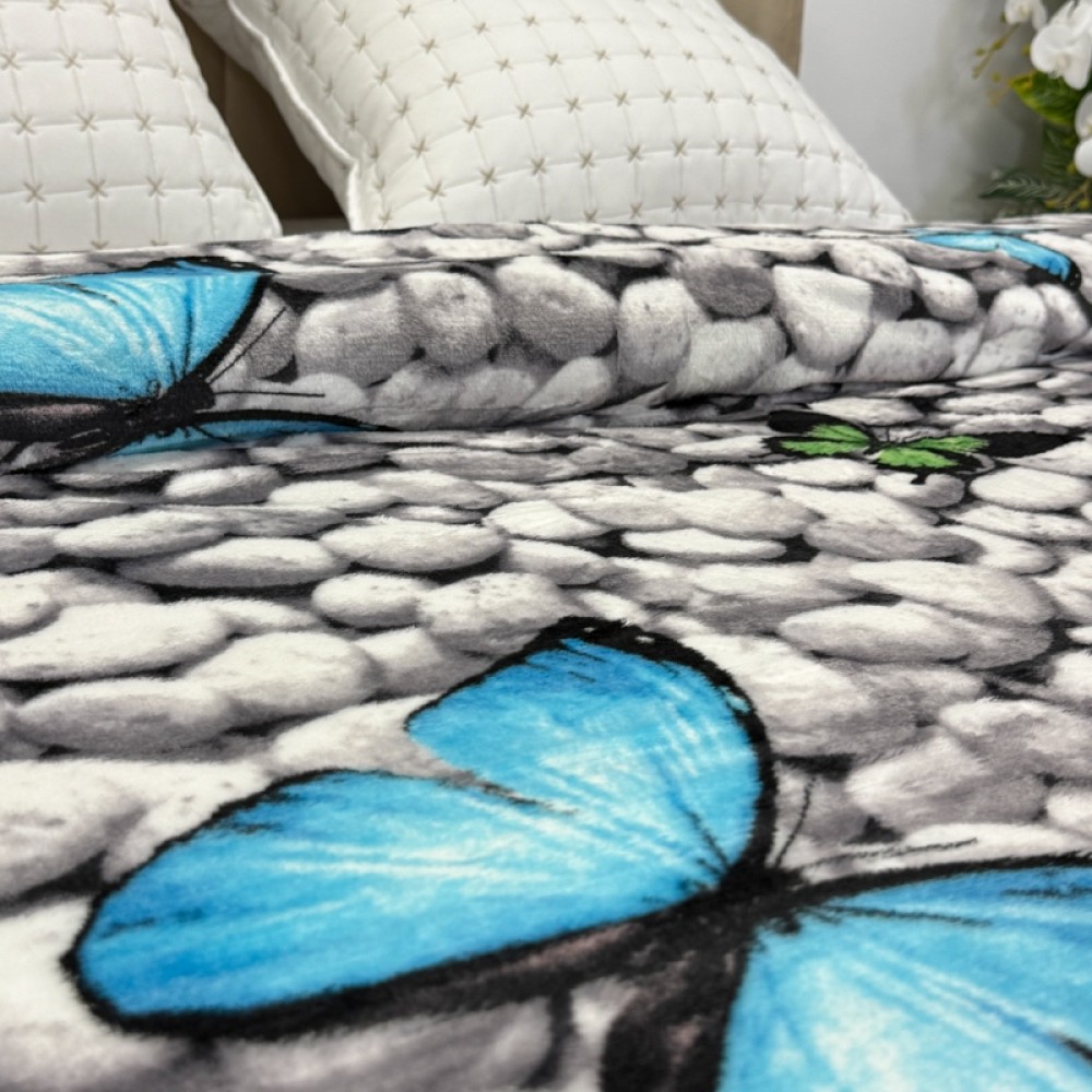 Patura pufoasa cocolino 200x230cm, 240g/mp, Gri, Fluturi Colorati pe Pietre — imaginea 7