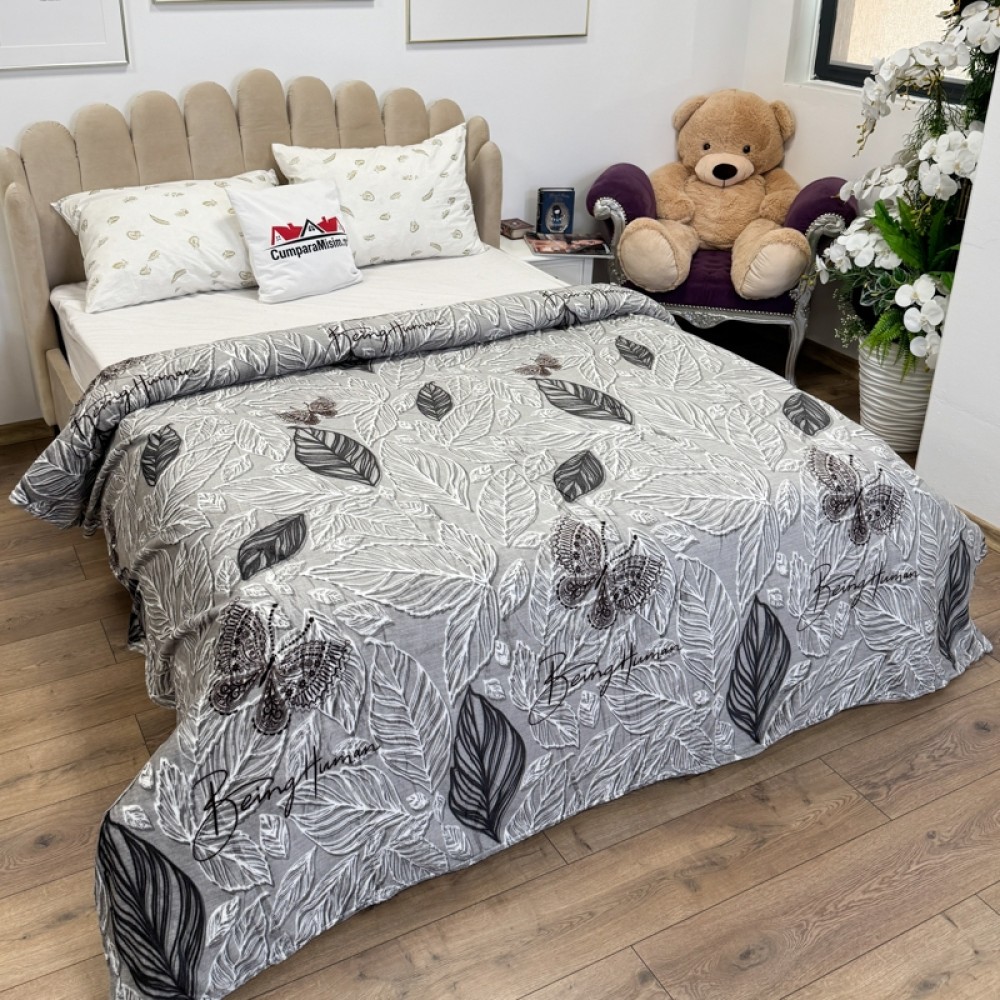 Patura pufoasa cocolino 200x230cm, 240g/mp, Gri, Frunze – imagine 2