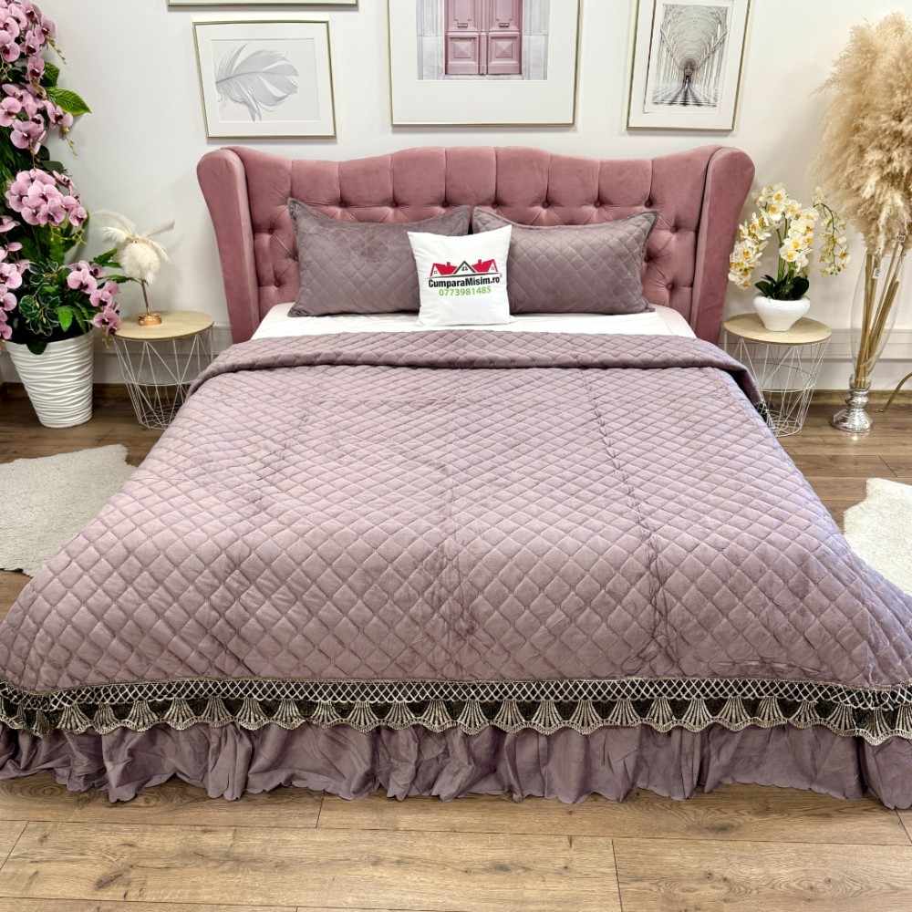 Cuvertura pat dublu, 3 piese, Catifea Matlasata cu Broderie, Gri movuriu – imagine 7