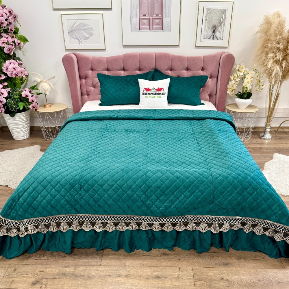 Cuvertura pat dublu, 3 piese, Catifea Matlasata cu Broderie, Verde — imaginea 2