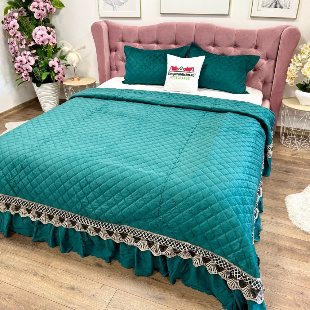 Cuvertura pat dublu, 3 piese, Catifea Matlasata cu Broderie, Verde — imaginea 3