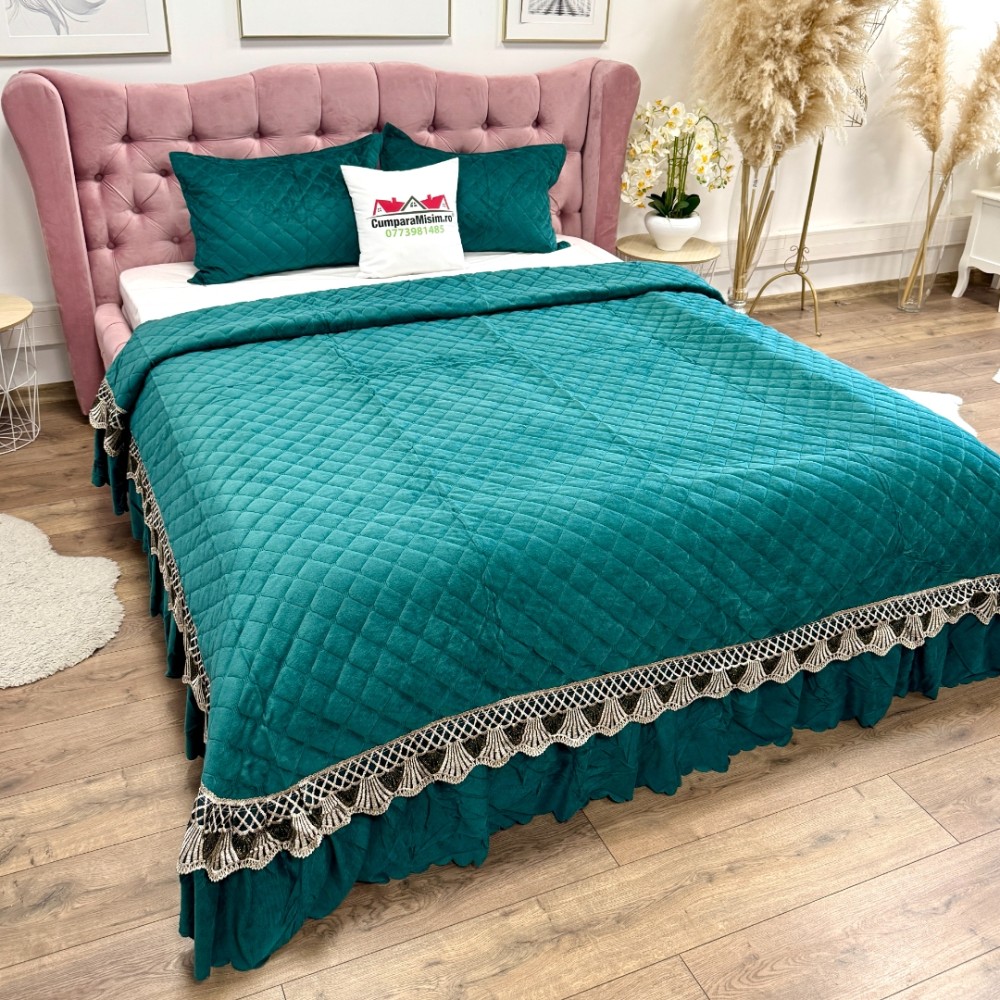 Cuvertura pat dublu, 3 piese, Catifea Matlasata cu Broderie, Verde — imaginea 4