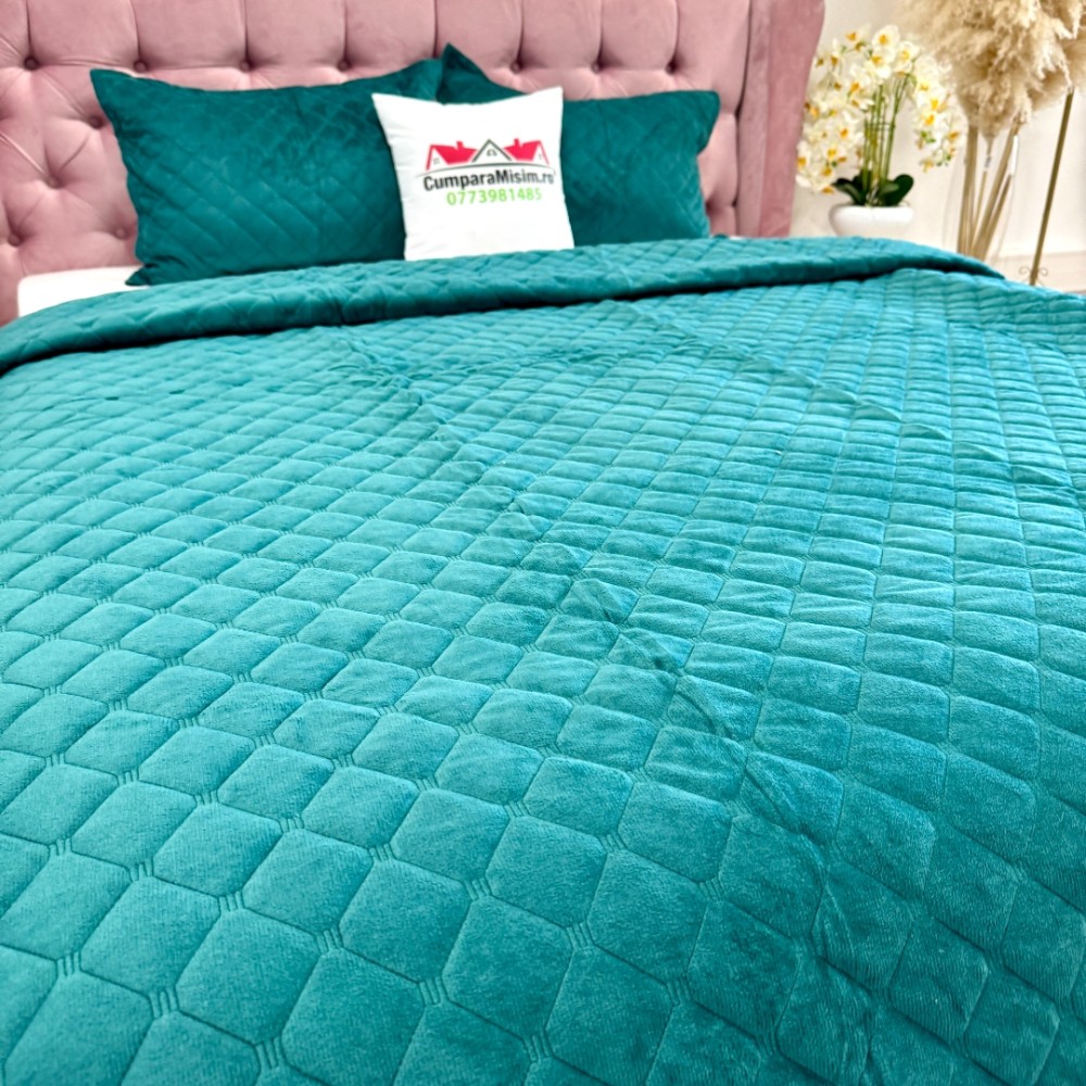 Cuvertura pat dublu, 3 piese, Catifea Matlasata cu Broderie, Verde — imaginea 5